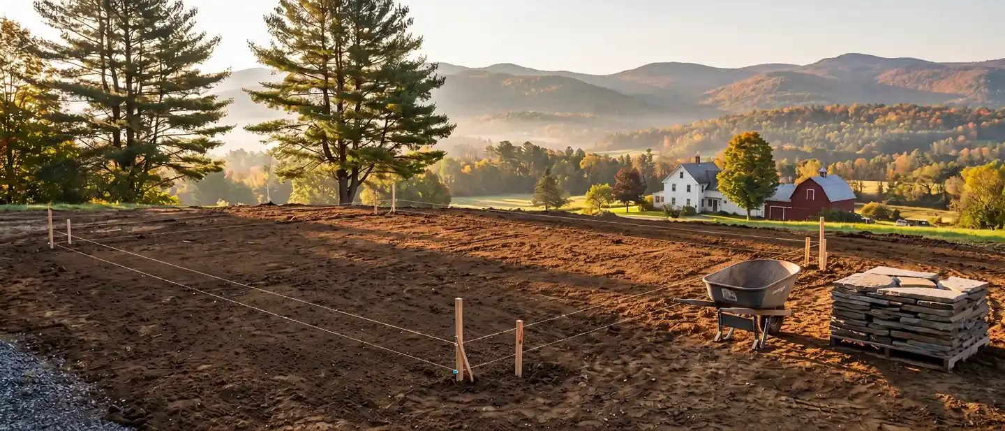 An empty, freshly graded Vermont building lot at the start of a landscape project