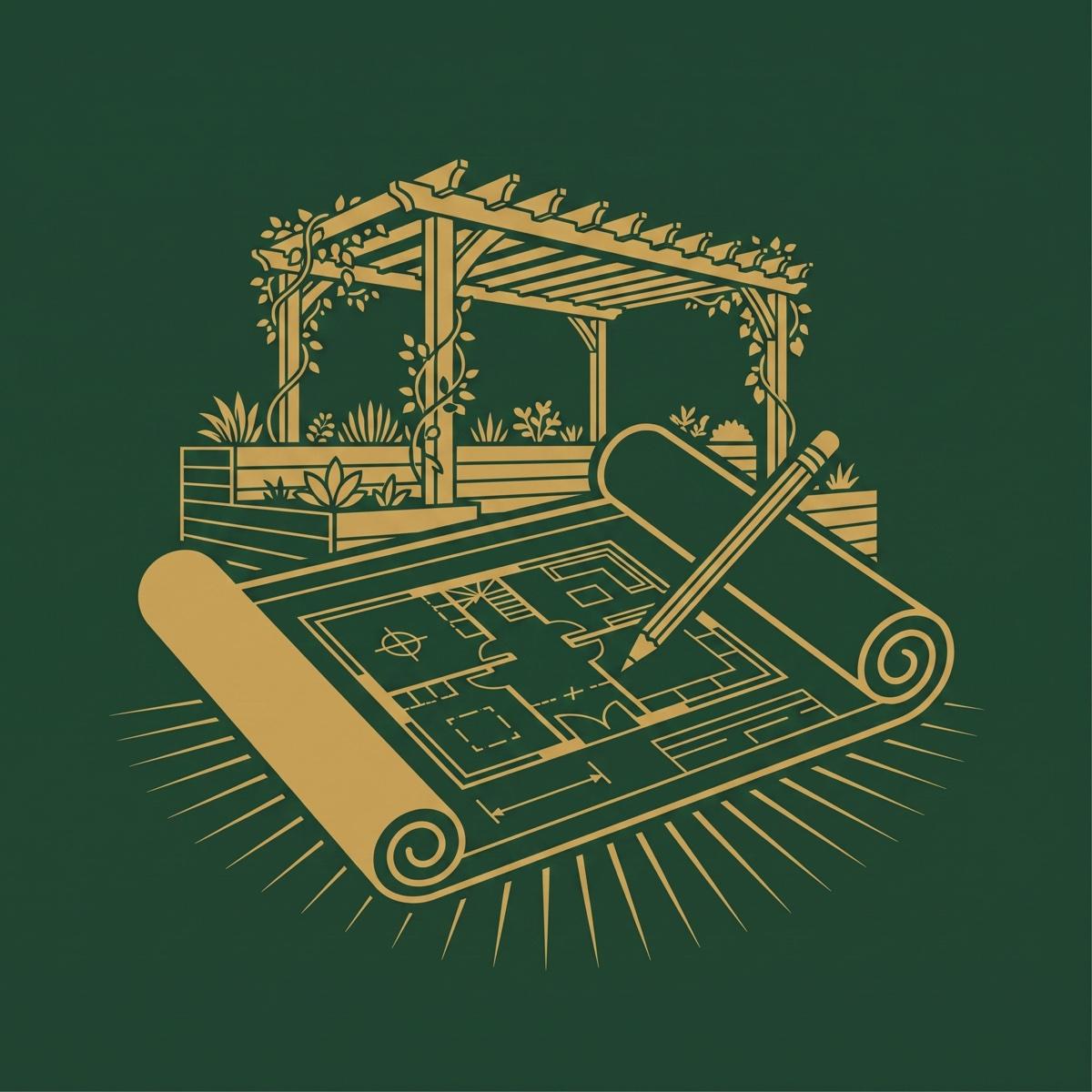 Gold line illustration of a site plan and pergola on deep green