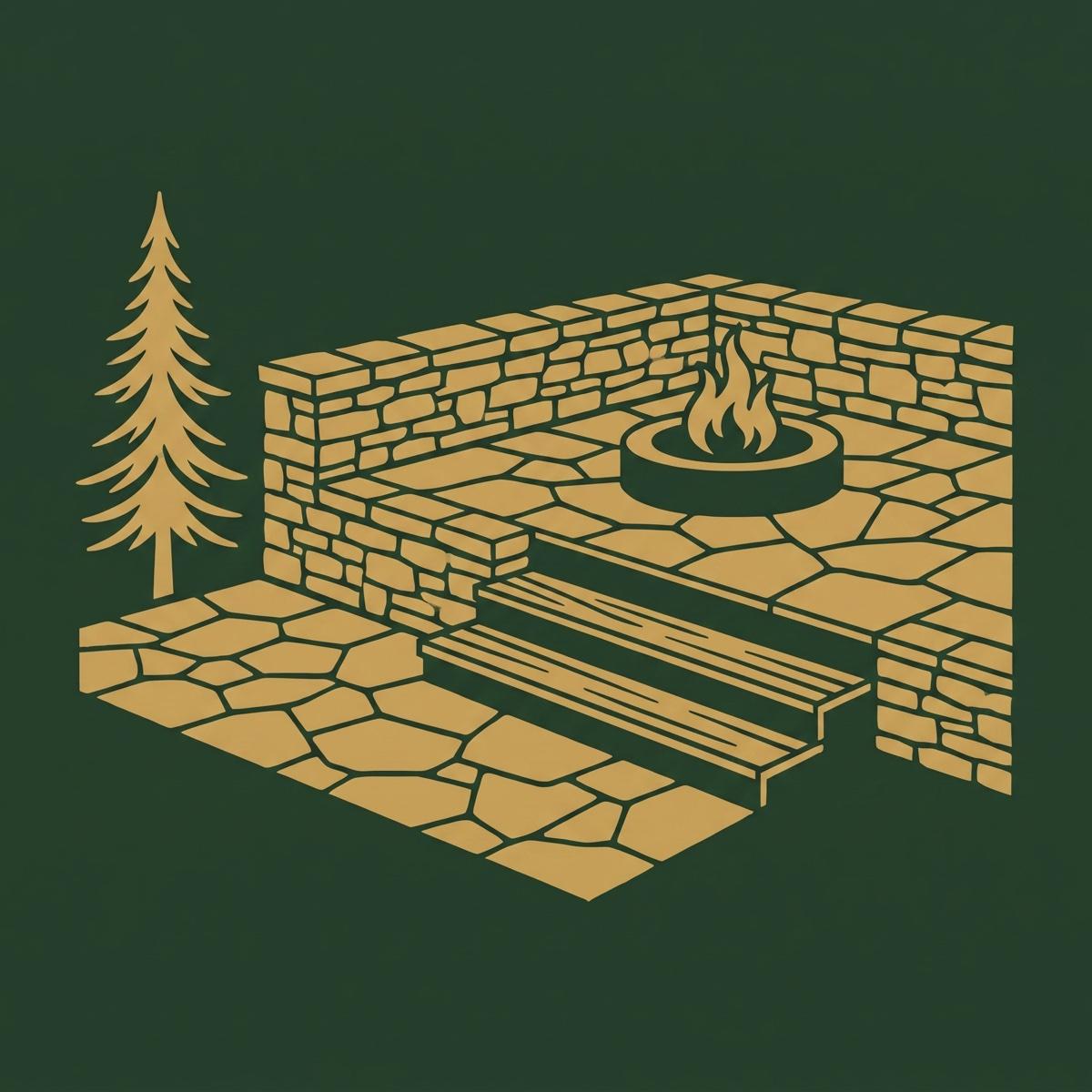 Gold illustration of a stone terrace with a fire feature