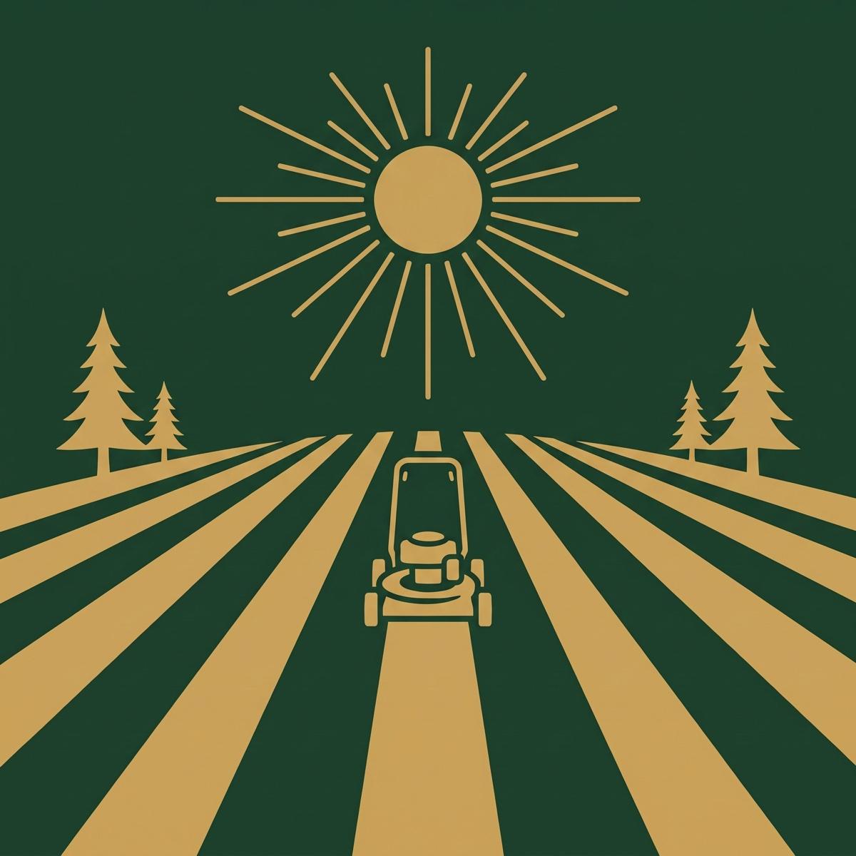 Gold illustration of a mower cutting radiating field rows under a sun