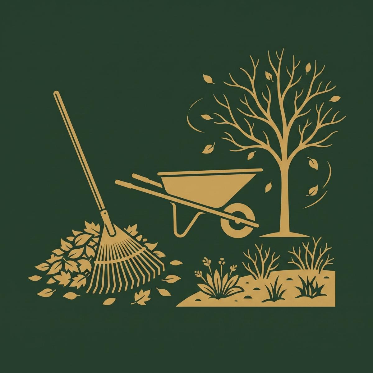 Gold illustration of a rake and wheelbarrow with falling leaves
