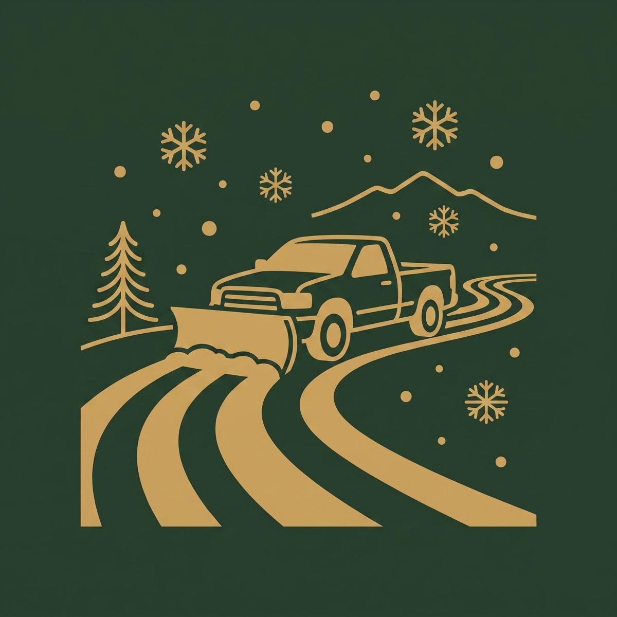 Gold illustration of a plow truck clearing snow on deep green