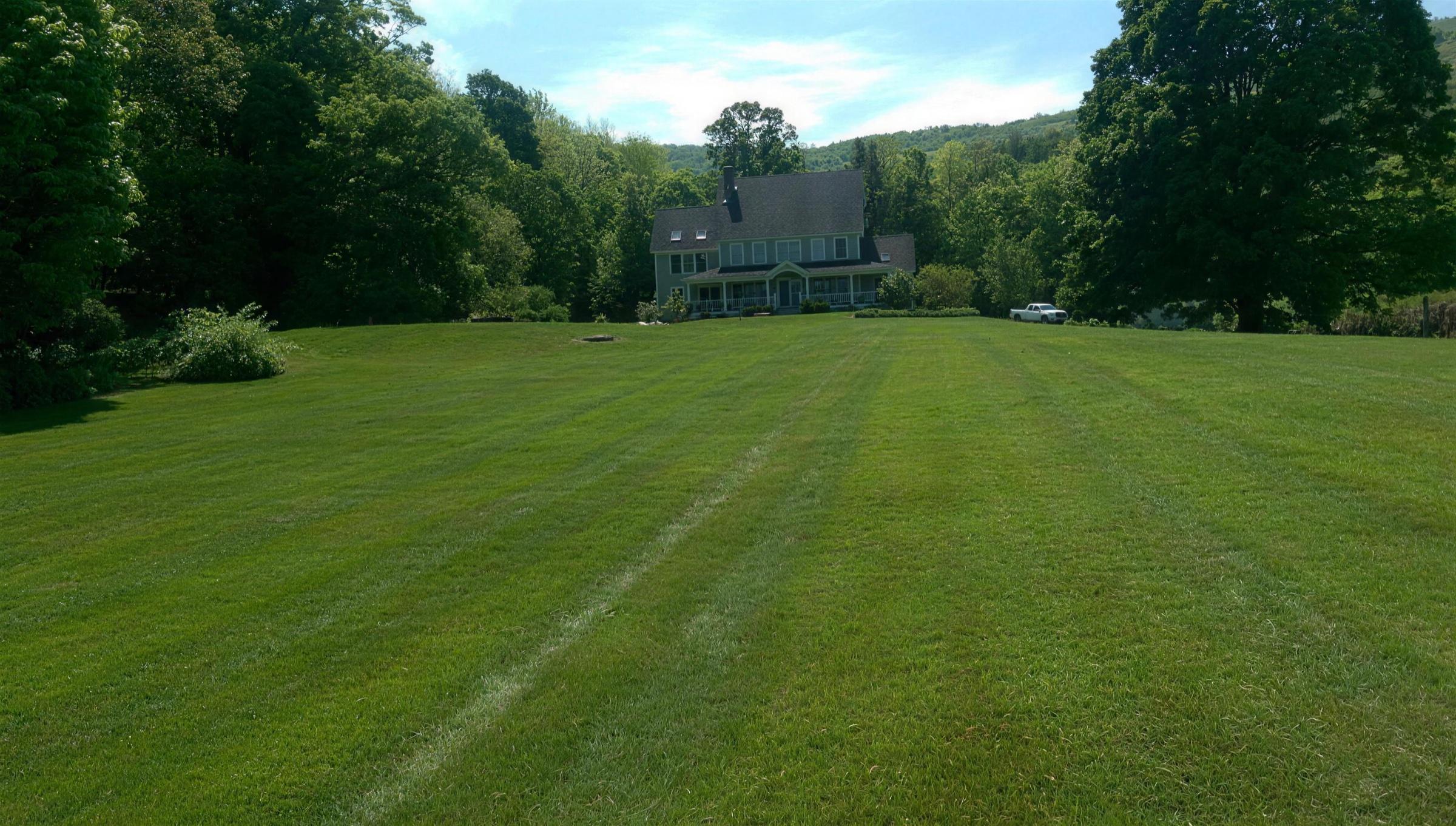 Freshly mowed residential lawn with crisp striping